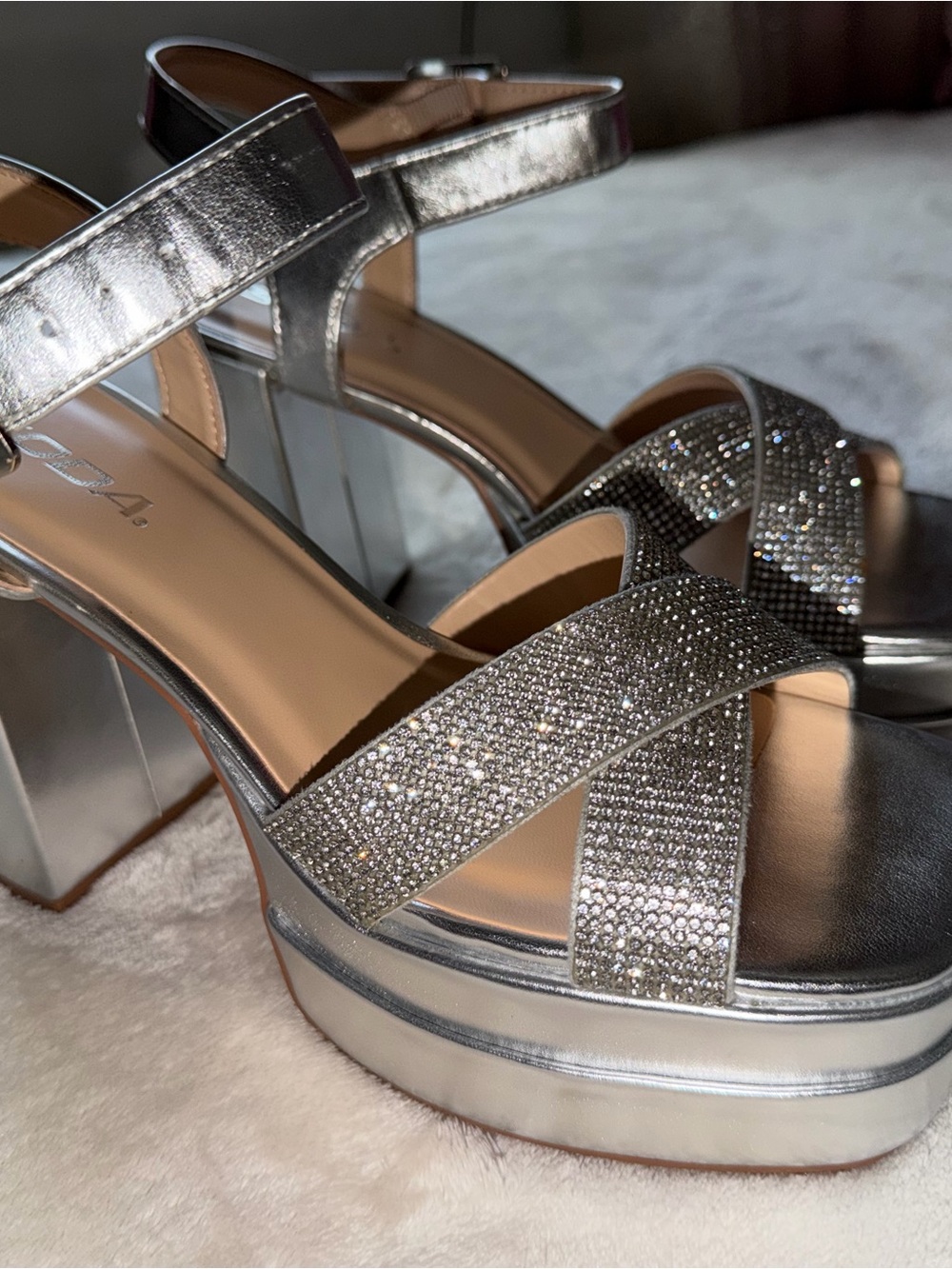 Soda Silver Rhinestone Platform Heels